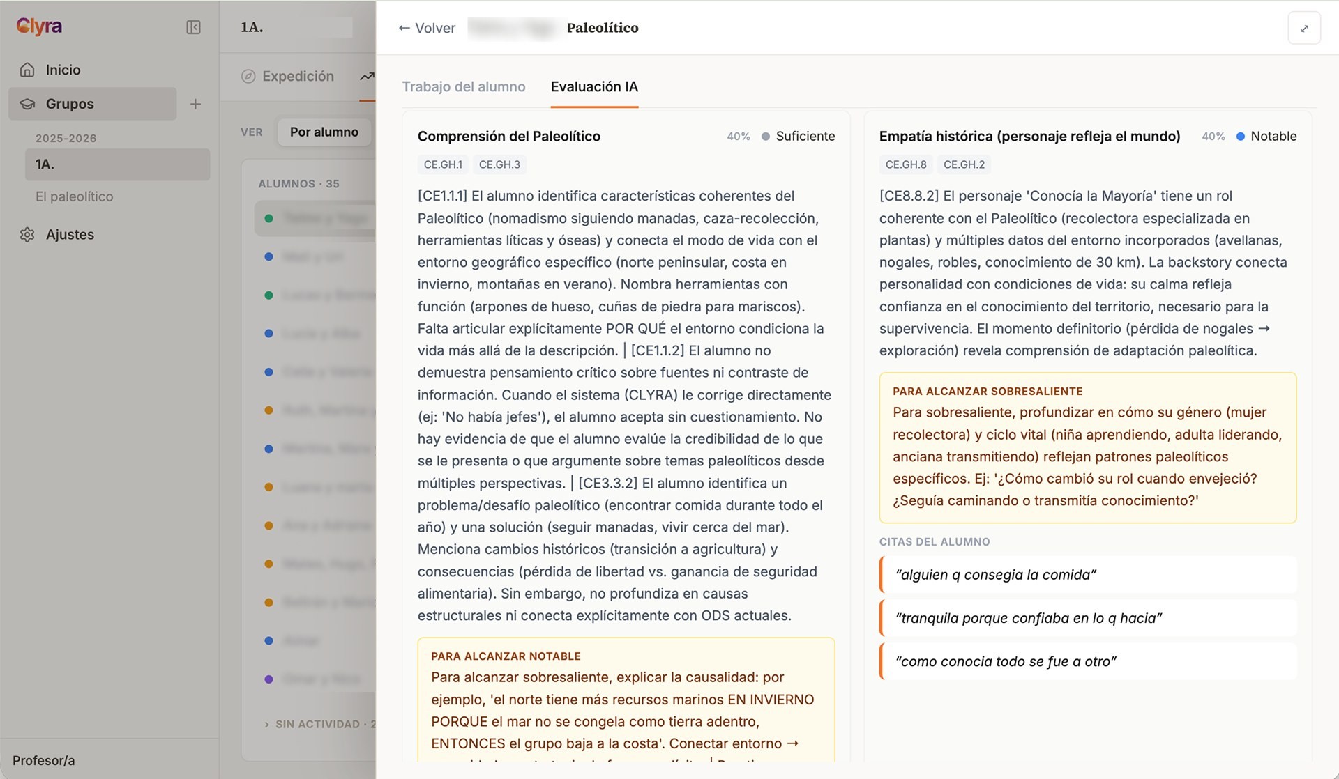 Evaluación por criterios LOMLOE con citas literales del alumno