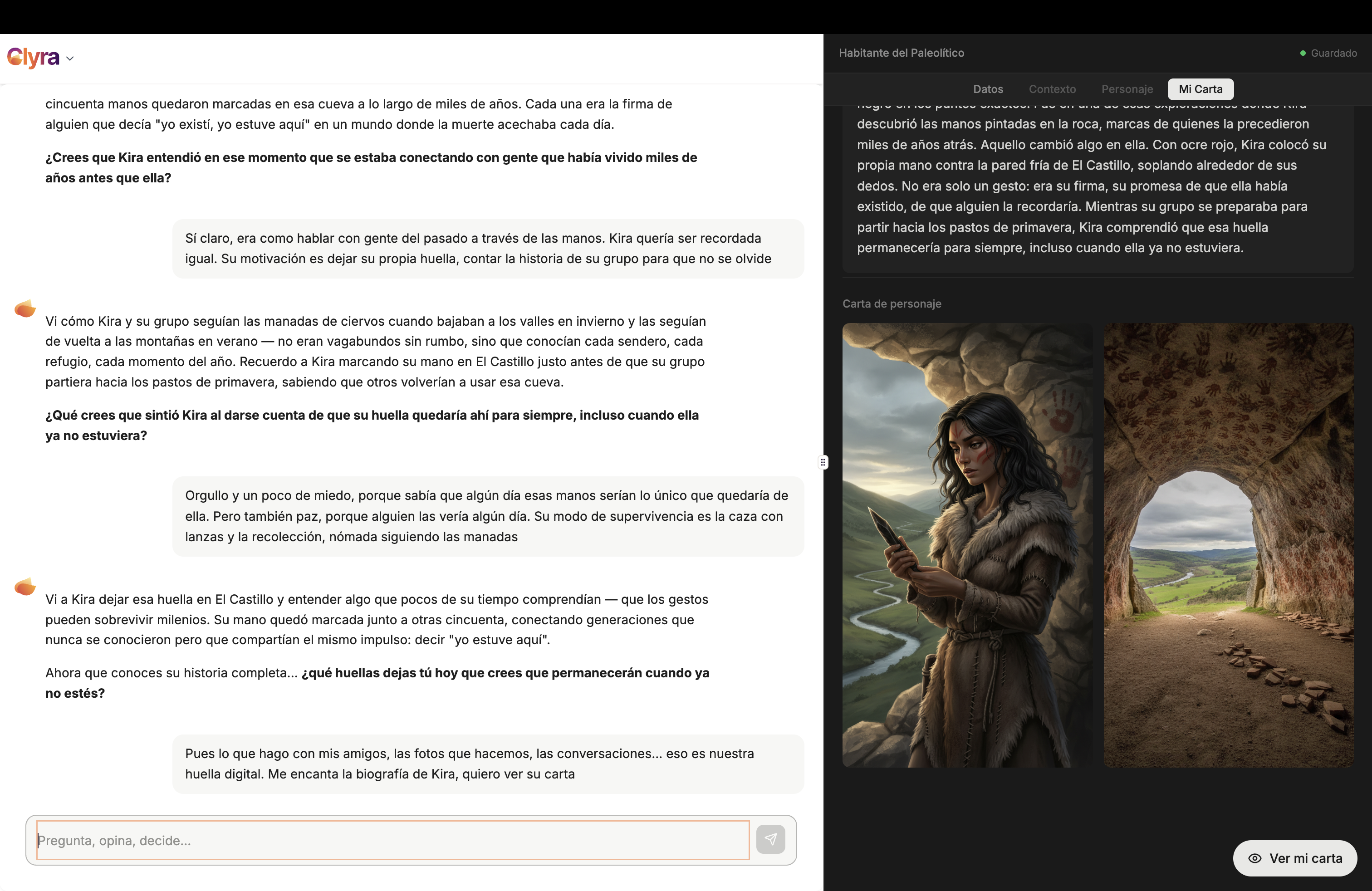 Vista del alumno — conversacion con Clyra y ficha del personaje